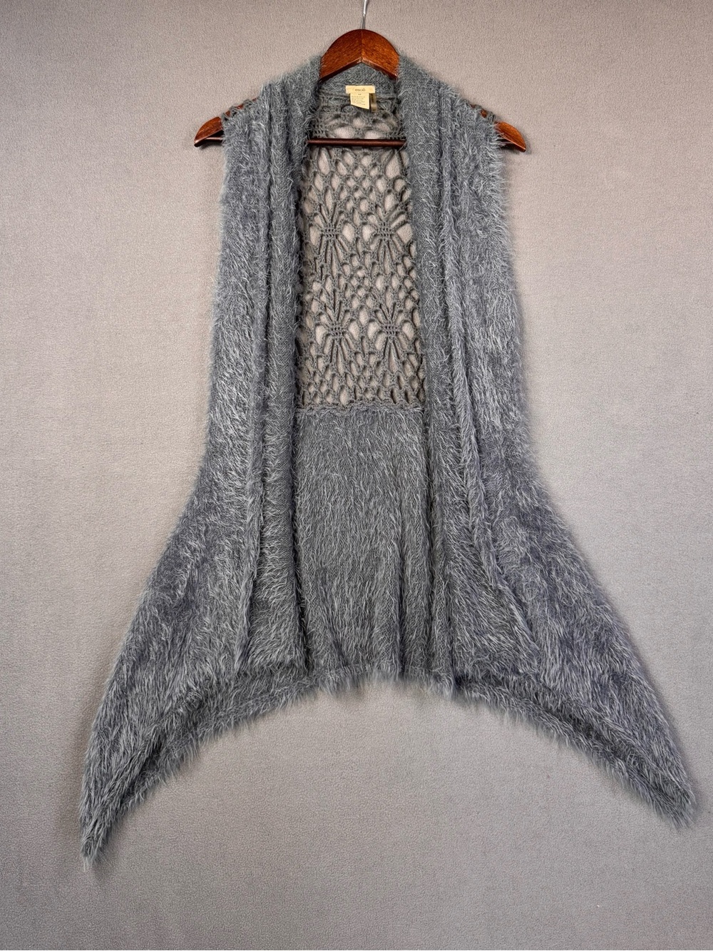 Y2K esciô Gray Fuzzy Woven Open Front Women's Sweater Vest Cardigan, M